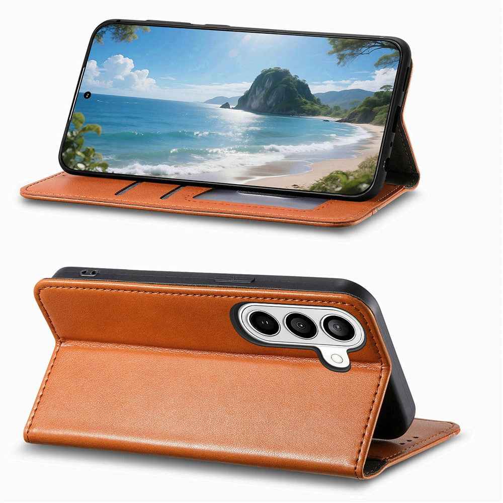 For Samsung Galaxy A57 5G Case Wallet Tri-Color Stitching Leather Phone Cover with Elastic Wristband - Brown