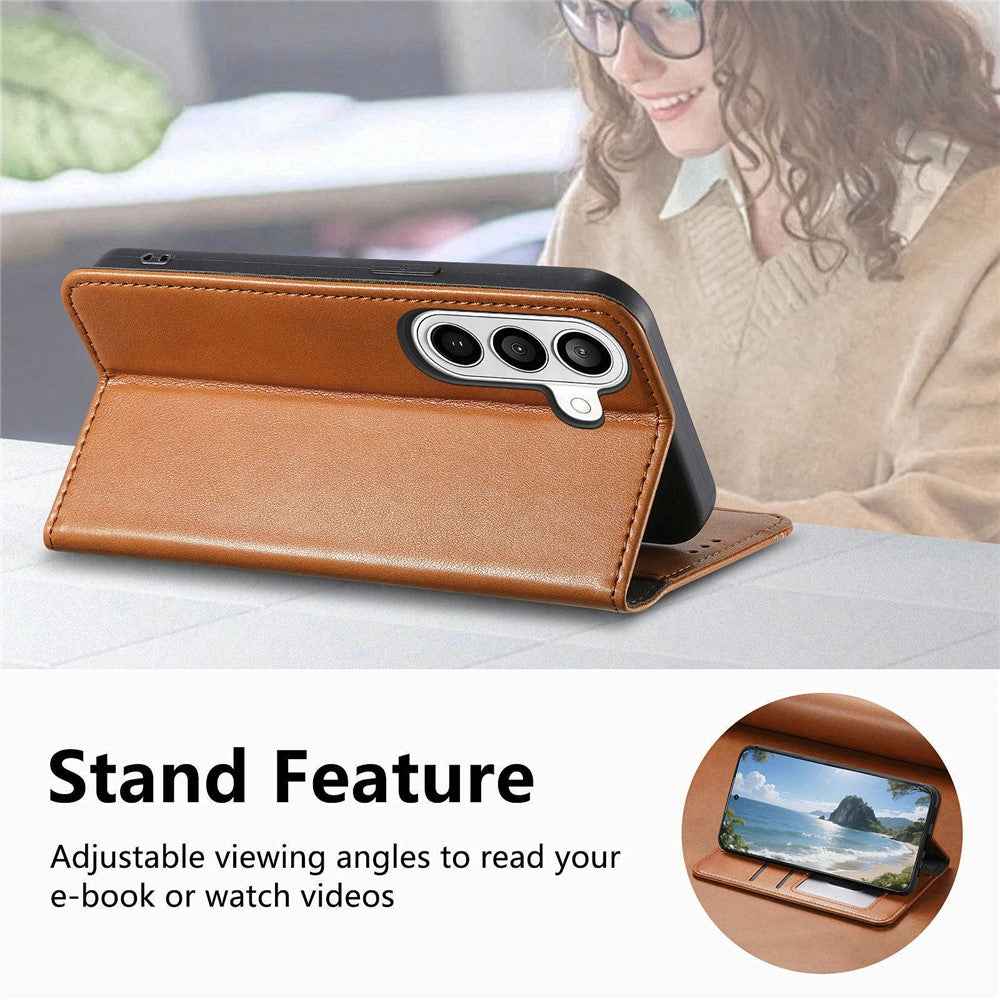 For Samsung Galaxy A57 5G Case Wallet Tri-Color Stitching Leather Phone Cover with Elastic Wristband - Brown