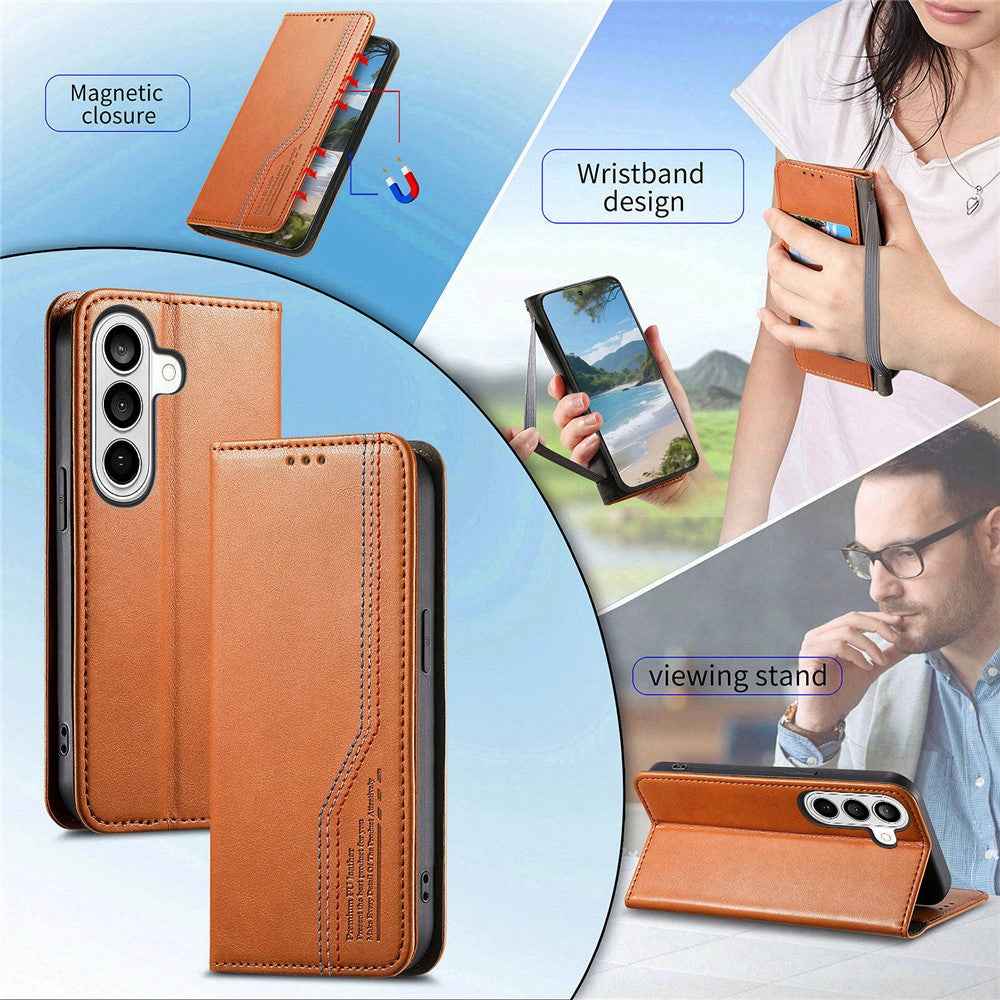 For Samsung Galaxy A57 5G Case Wallet Tri-Color Stitching Leather Phone Cover with Elastic Wristband - Brown