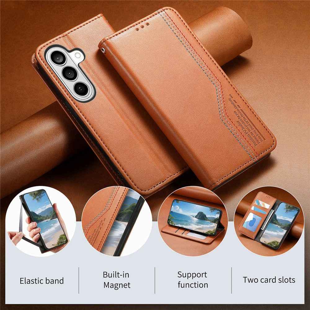 For Samsung Galaxy A57 5G Case Wallet Tri-Color Stitching Leather Phone Cover with Elastic Wristband - Brown