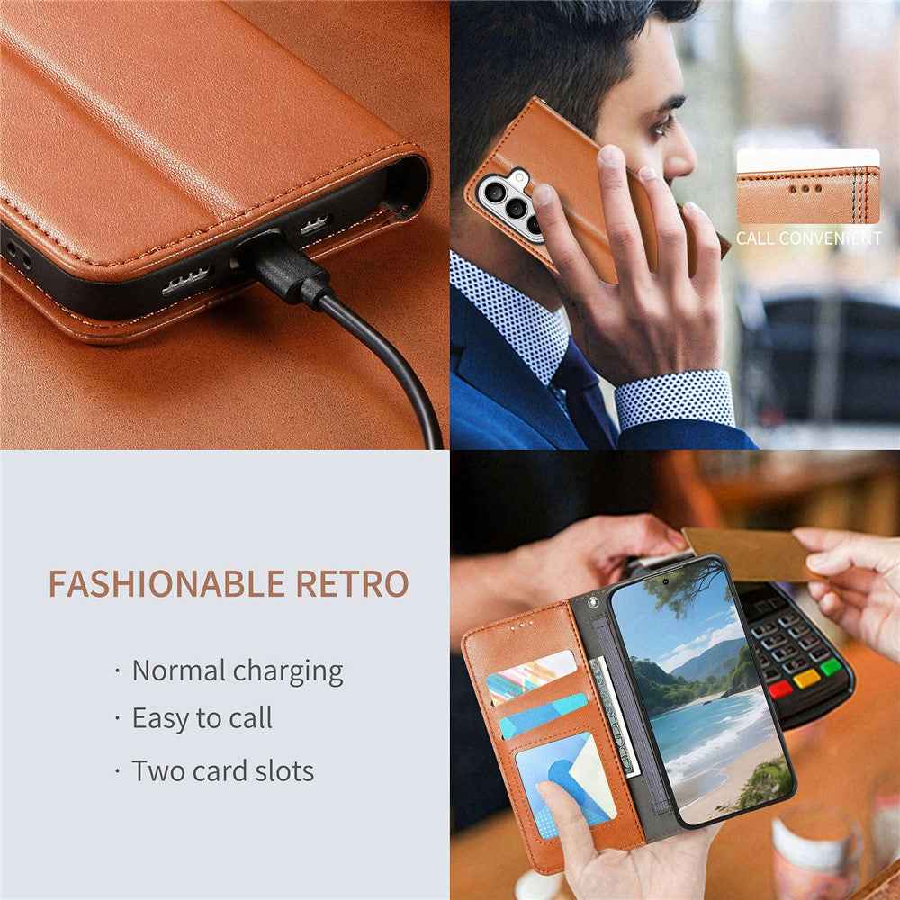 For Samsung Galaxy A57 5G Case Wallet Tri-Color Stitching Leather Phone Cover with Elastic Wristband - Brown
