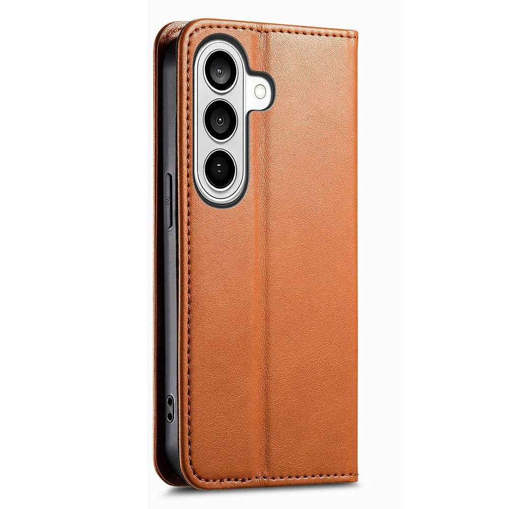 For Samsung Galaxy A57 5G Case Wallet Tri-Color Stitching Leather Phone Cover with Elastic Wristband - Brown