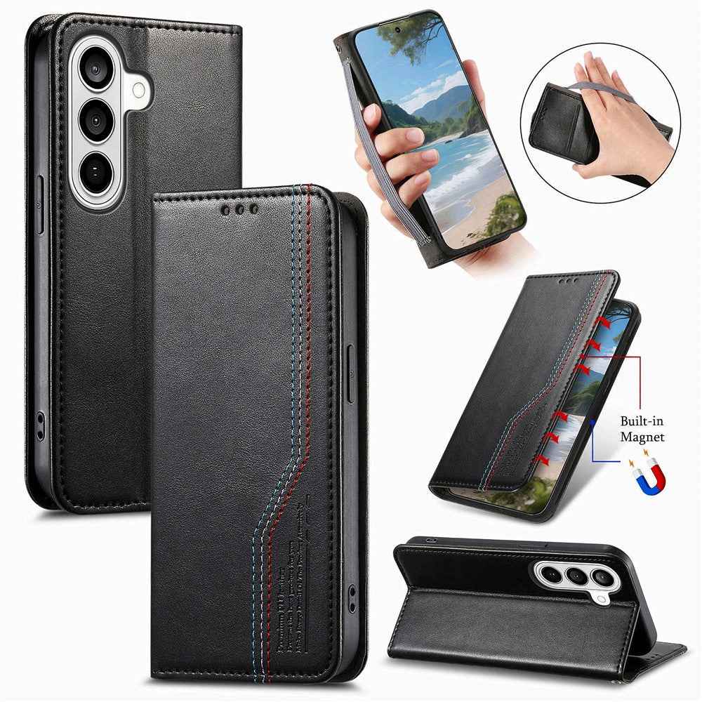 For Samsung Galaxy A57 5G Case Wallet Tri-Color Stitching Leather Phone Cover with Elastic Wristband - Black
