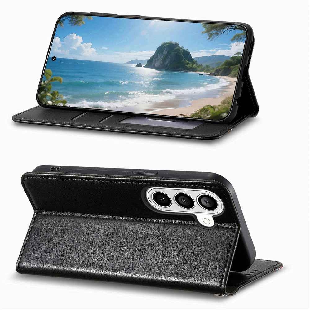 For Samsung Galaxy A57 5G Case Wallet Tri-Color Stitching Leather Phone Cover with Elastic Wristband - Black