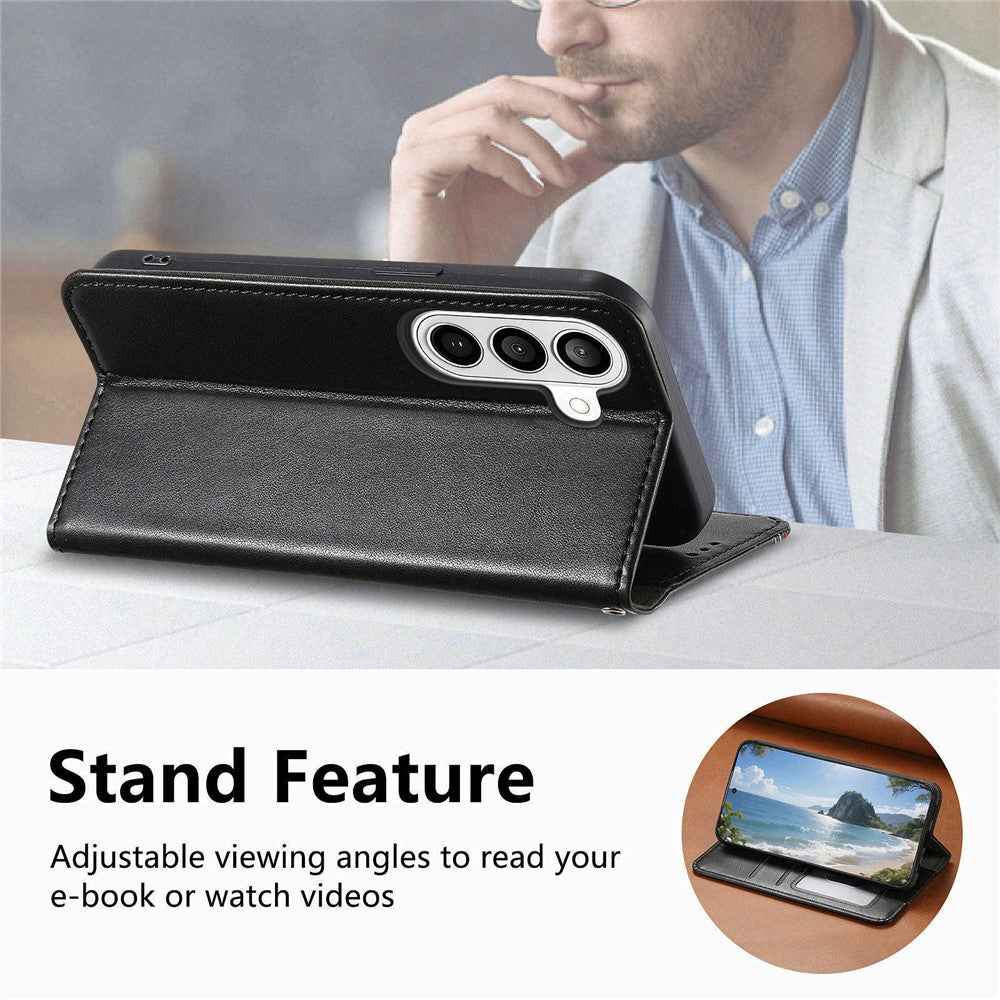For Samsung Galaxy A57 5G Case Wallet Tri-Color Stitching Leather Phone Cover with Elastic Wristband - Black