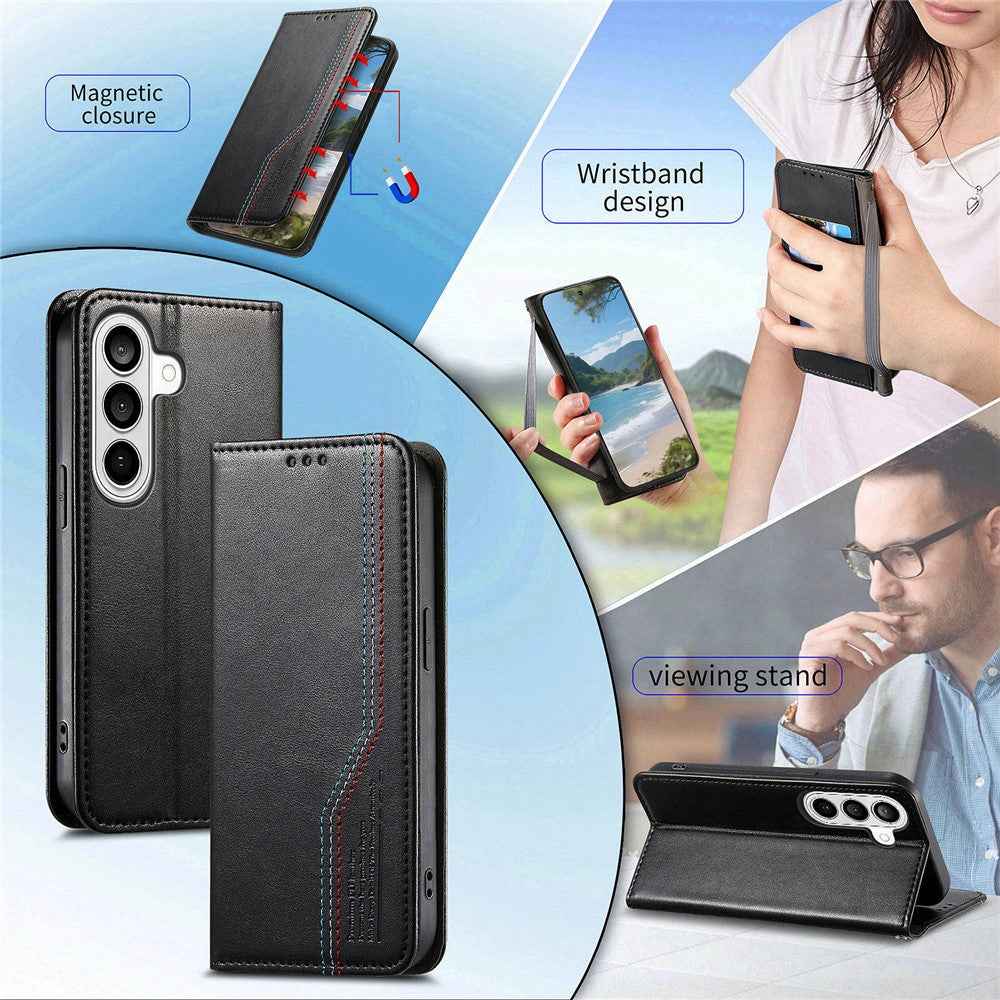 For Samsung Galaxy A57 5G Case Wallet Tri-Color Stitching Leather Phone Cover with Elastic Wristband - Black