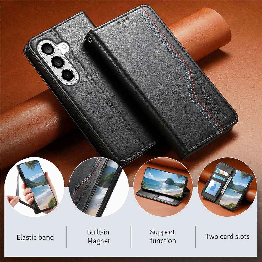For Samsung Galaxy A57 5G Case Wallet Tri-Color Stitching Leather Phone Cover with Elastic Wristband - Black