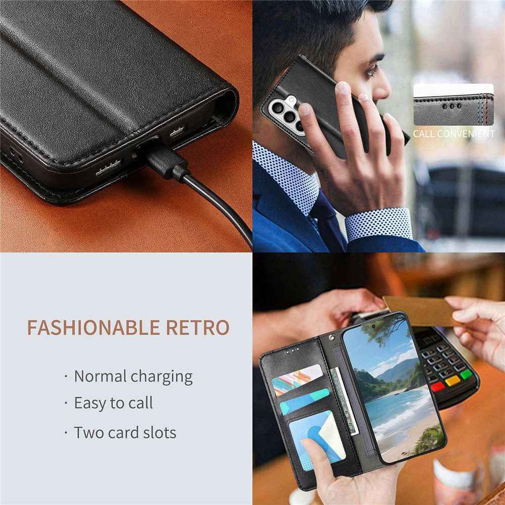 For Samsung Galaxy A57 5G Case Wallet Tri-Color Stitching Leather Phone Cover with Elastic Wristband - Black