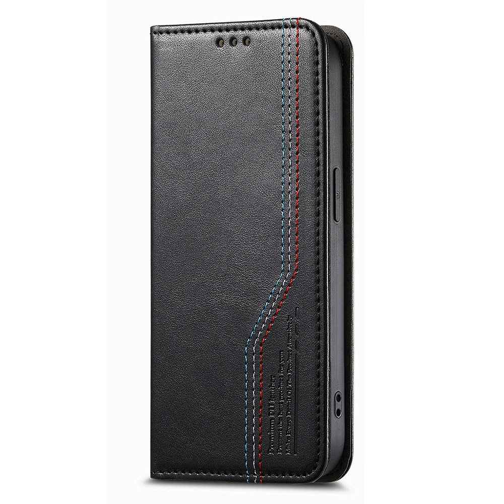 For Samsung Galaxy A57 5G Case Wallet Tri-Color Stitching Leather Phone Cover with Elastic Wristband - Black