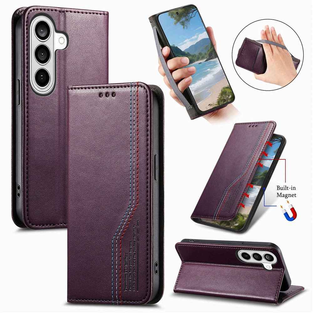 For Samsung Galaxy A57 5G Case Wallet Tri-Color Stitching Leather Phone Cover with Elastic Wristband - Purple