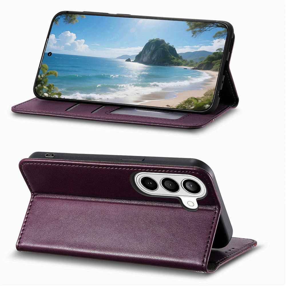 For Samsung Galaxy A57 5G Case Wallet Tri-Color Stitching Leather Phone Cover with Elastic Wristband - Purple
