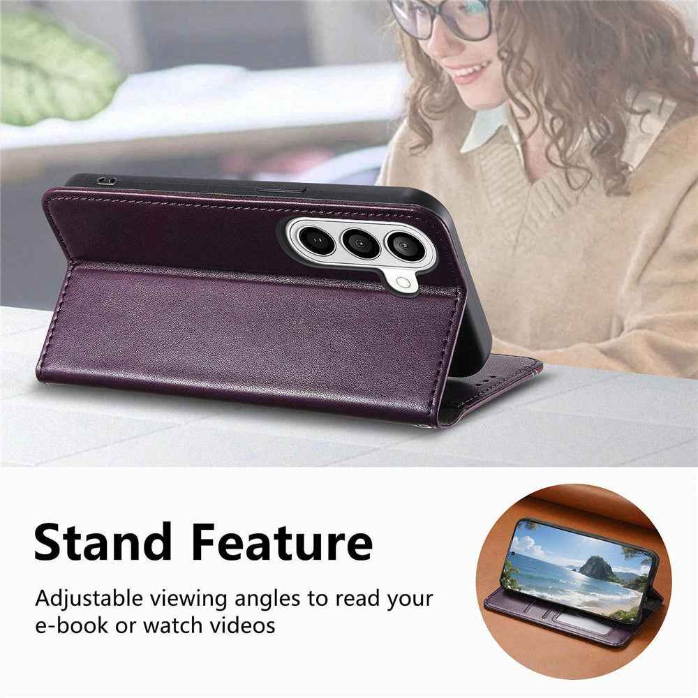 For Samsung Galaxy A57 5G Case Wallet Tri-Color Stitching Leather Phone Cover with Elastic Wristband - Purple