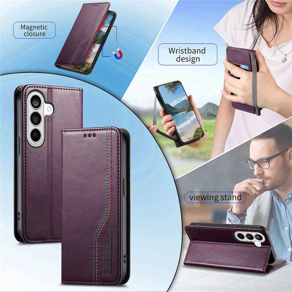 For Samsung Galaxy A57 5G Case Wallet Tri-Color Stitching Leather Phone Cover with Elastic Wristband - Purple