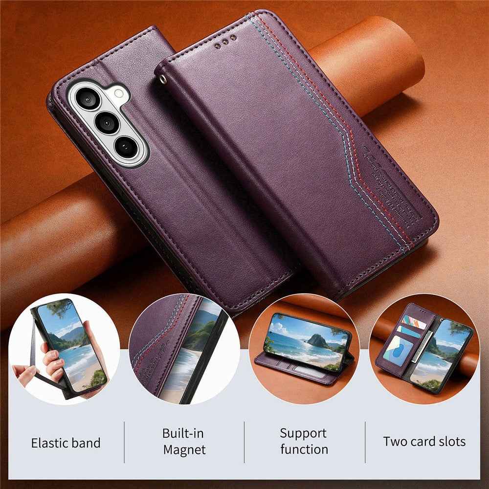 For Samsung Galaxy A57 5G Case Wallet Tri-Color Stitching Leather Phone Cover with Elastic Wristband - Purple
