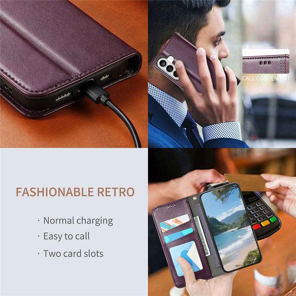 For Samsung Galaxy A57 5G Case Wallet Tri-Color Stitching Leather Phone Cover with Elastic Wristband - Purple
