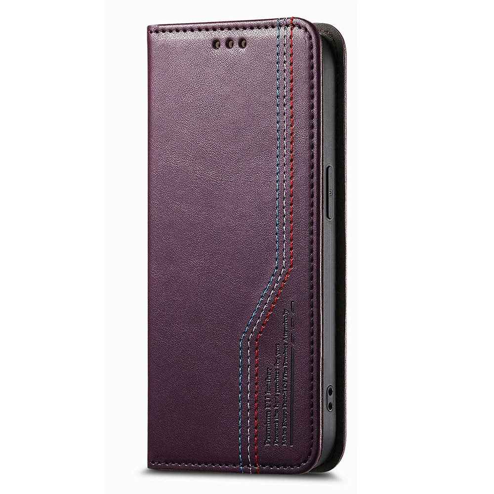 For Samsung Galaxy A57 5G Case Wallet Tri-Color Stitching Leather Phone Cover with Elastic Wristband - Purple