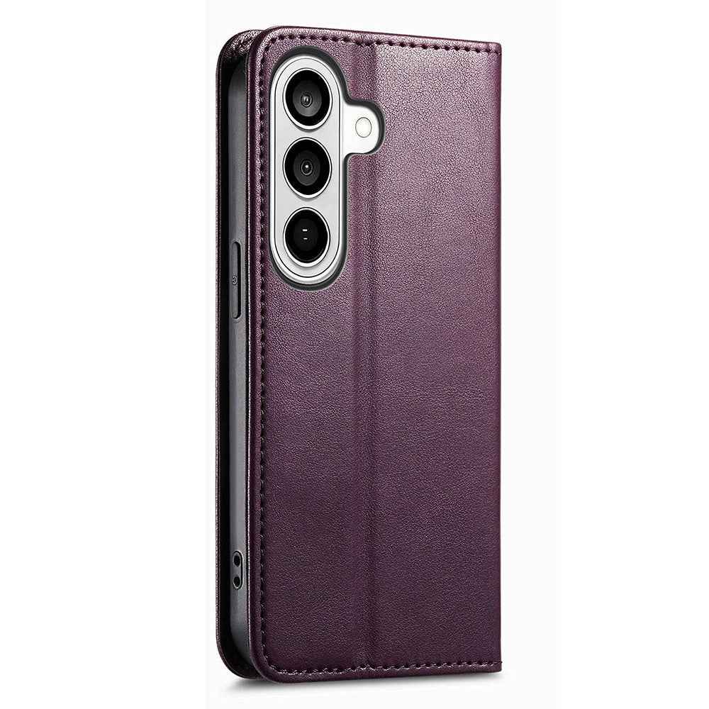 For Samsung Galaxy A57 5G Case Wallet Tri-Color Stitching Leather Phone Cover with Elastic Wristband - Purple