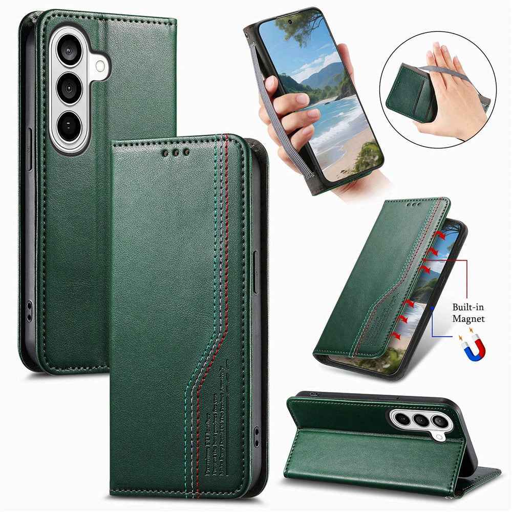 For Samsung Galaxy A57 5G Case Wallet Tri-Color Stitching Leather Phone Cover with Elastic Wristband - Green