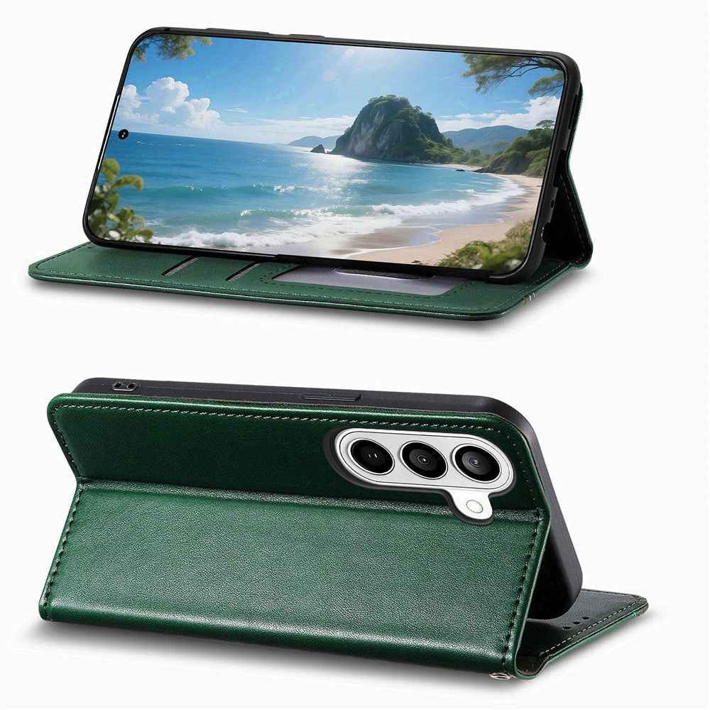 For Samsung Galaxy A57 5G Case Wallet Tri-Color Stitching Leather Phone Cover with Elastic Wristband - Green
