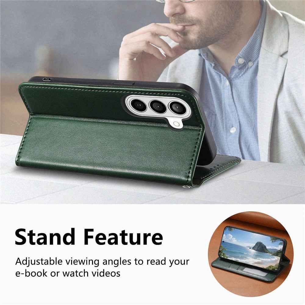 For Samsung Galaxy A57 5G Case Wallet Tri-Color Stitching Leather Phone Cover with Elastic Wristband - Green