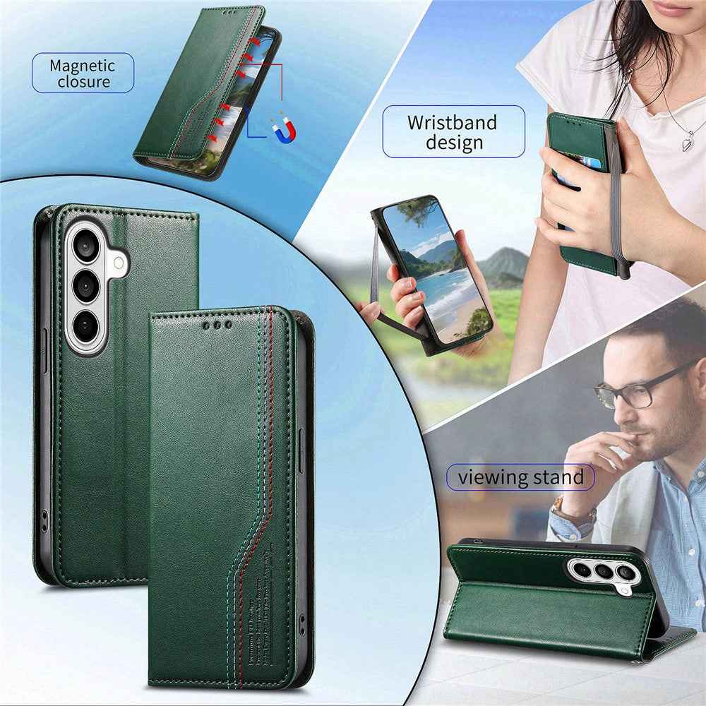 For Samsung Galaxy A57 5G Case Wallet Tri-Color Stitching Leather Phone Cover with Elastic Wristband - Green