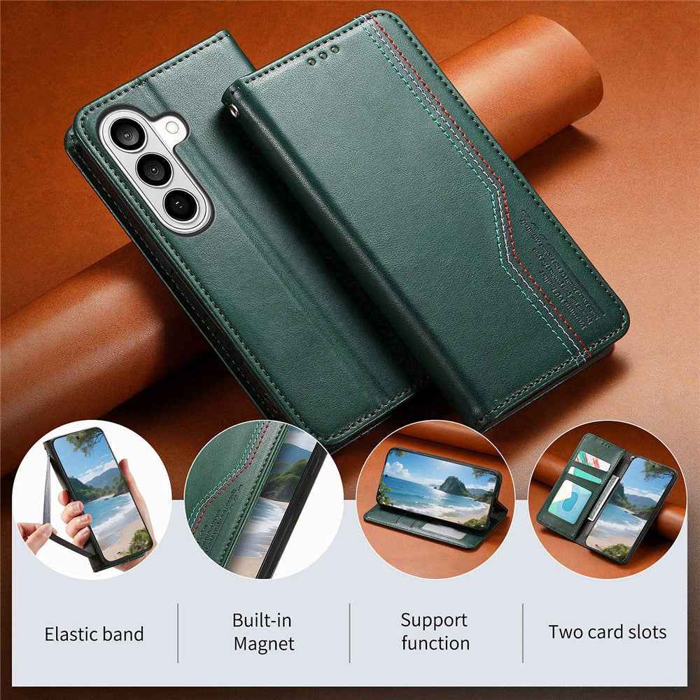 For Samsung Galaxy A57 5G Case Wallet Tri-Color Stitching Leather Phone Cover with Elastic Wristband - Green