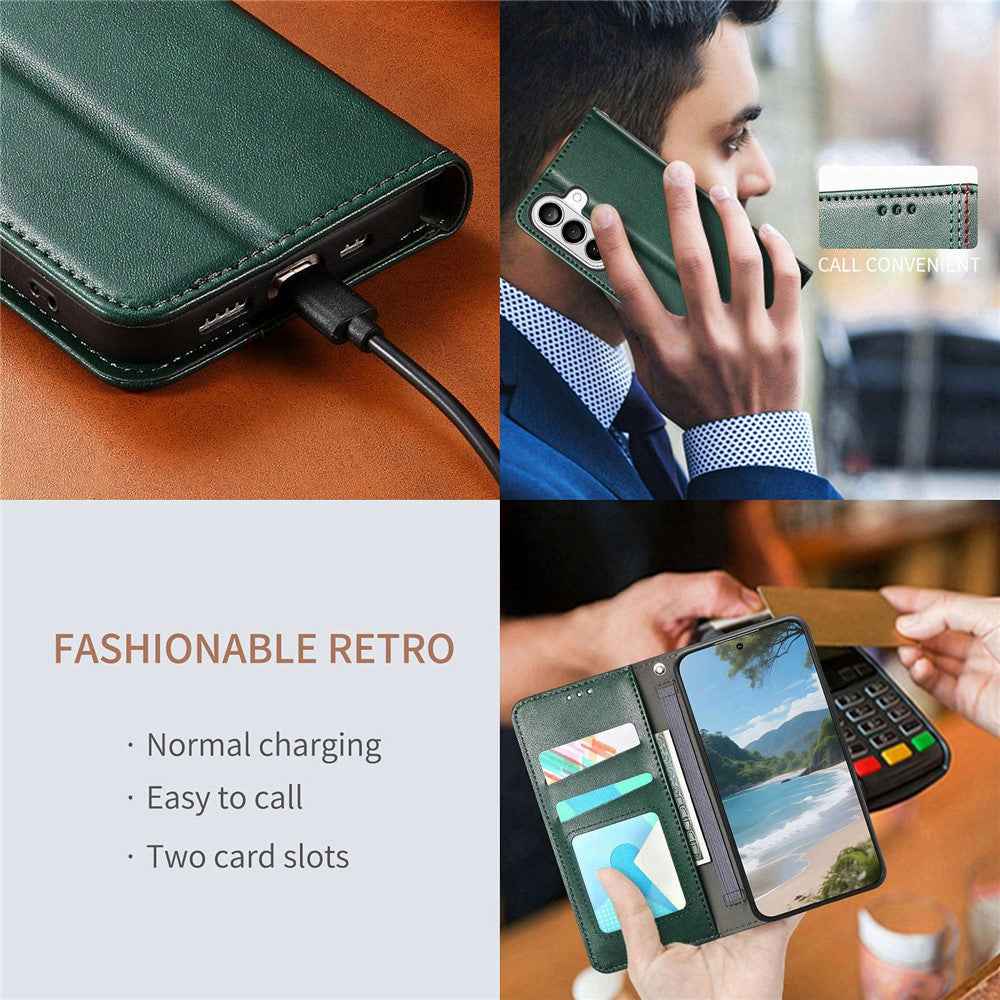 For Samsung Galaxy A57 5G Case Wallet Tri-Color Stitching Leather Phone Cover with Elastic Wristband - Green