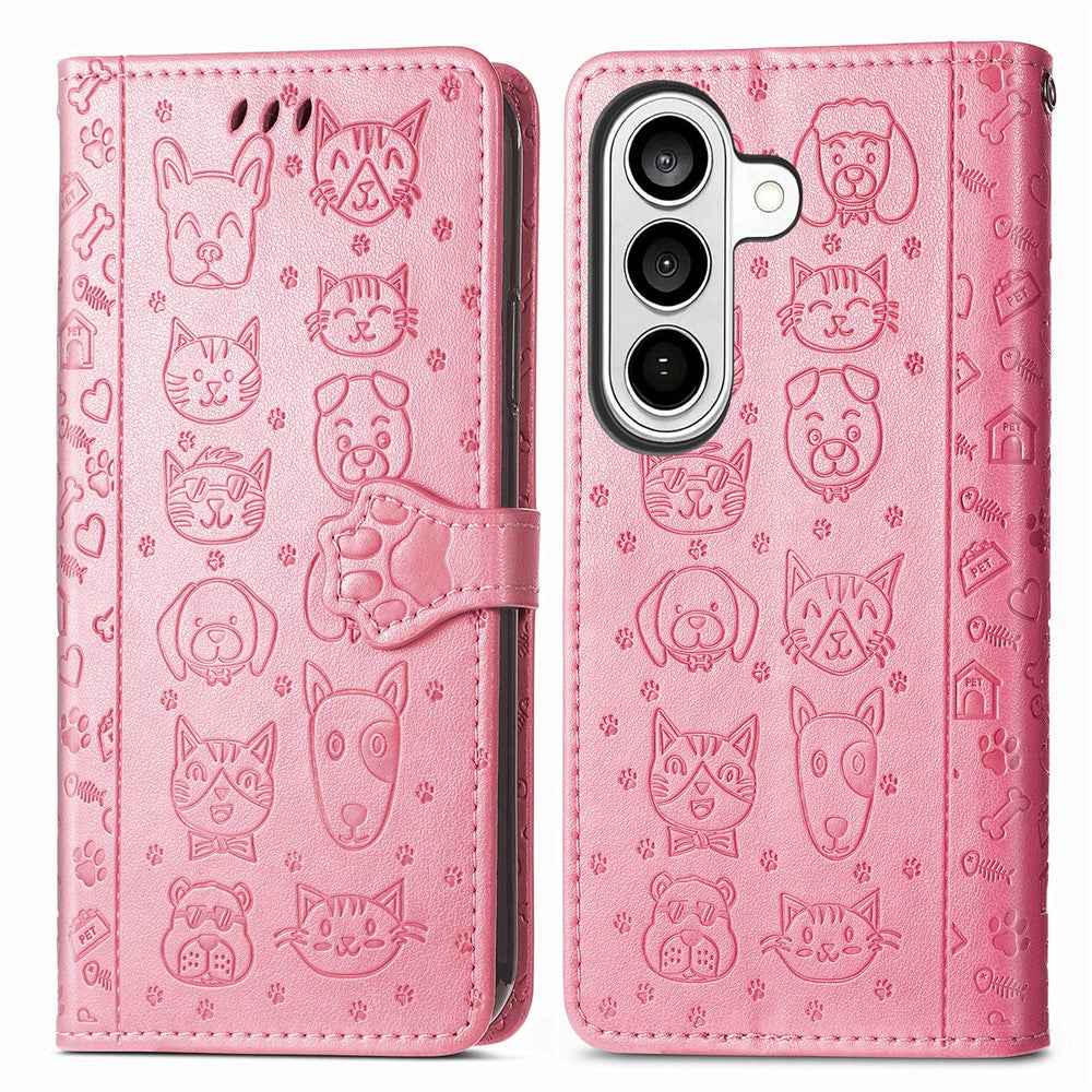 For Samsung Galaxy A57 5G Case Flip Wallet Leather Phone Cover with Cute Cat Dog Pattern - Pink