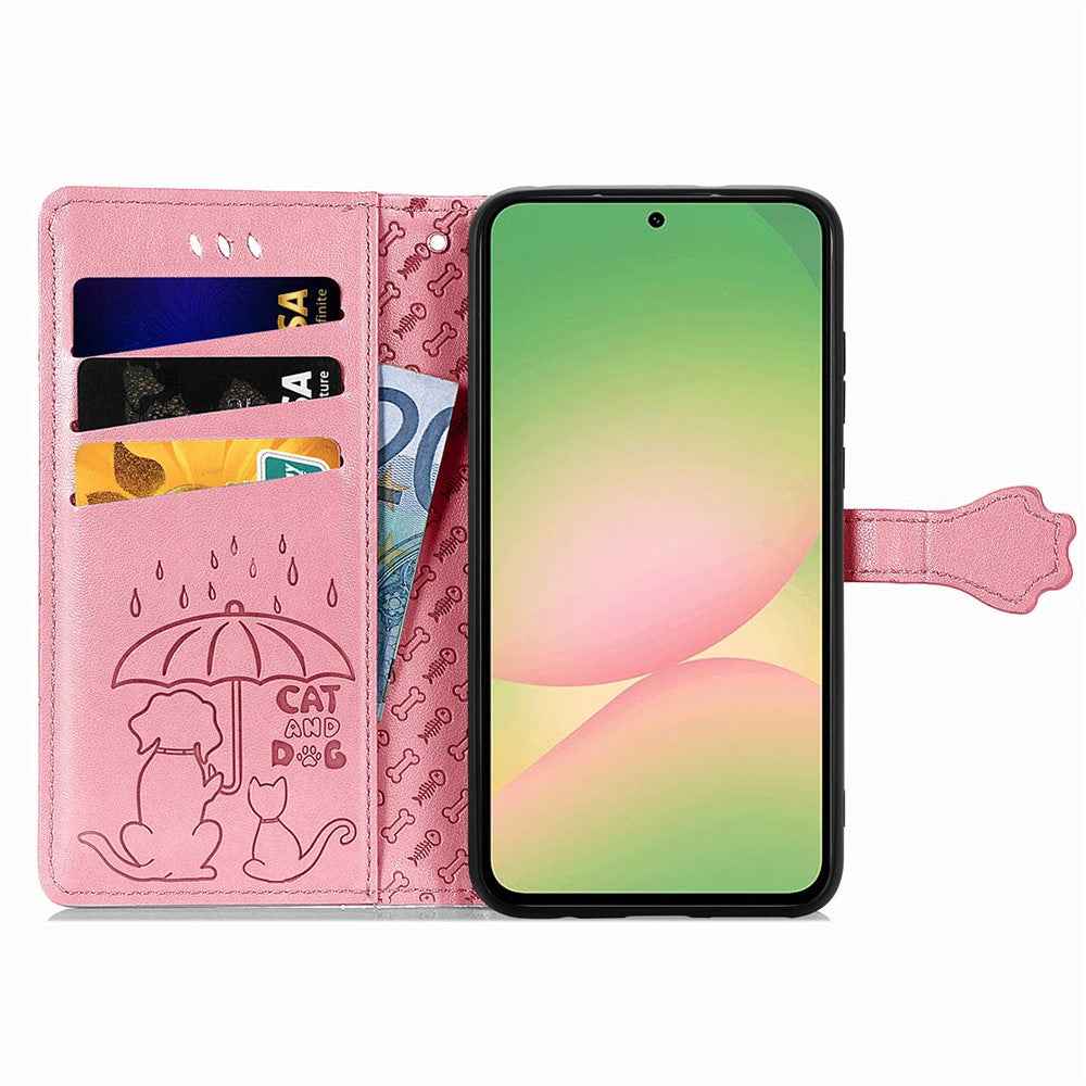 For Samsung Galaxy A57 5G Case Flip Wallet Leather Phone Cover with Cute Cat Dog Pattern - Pink