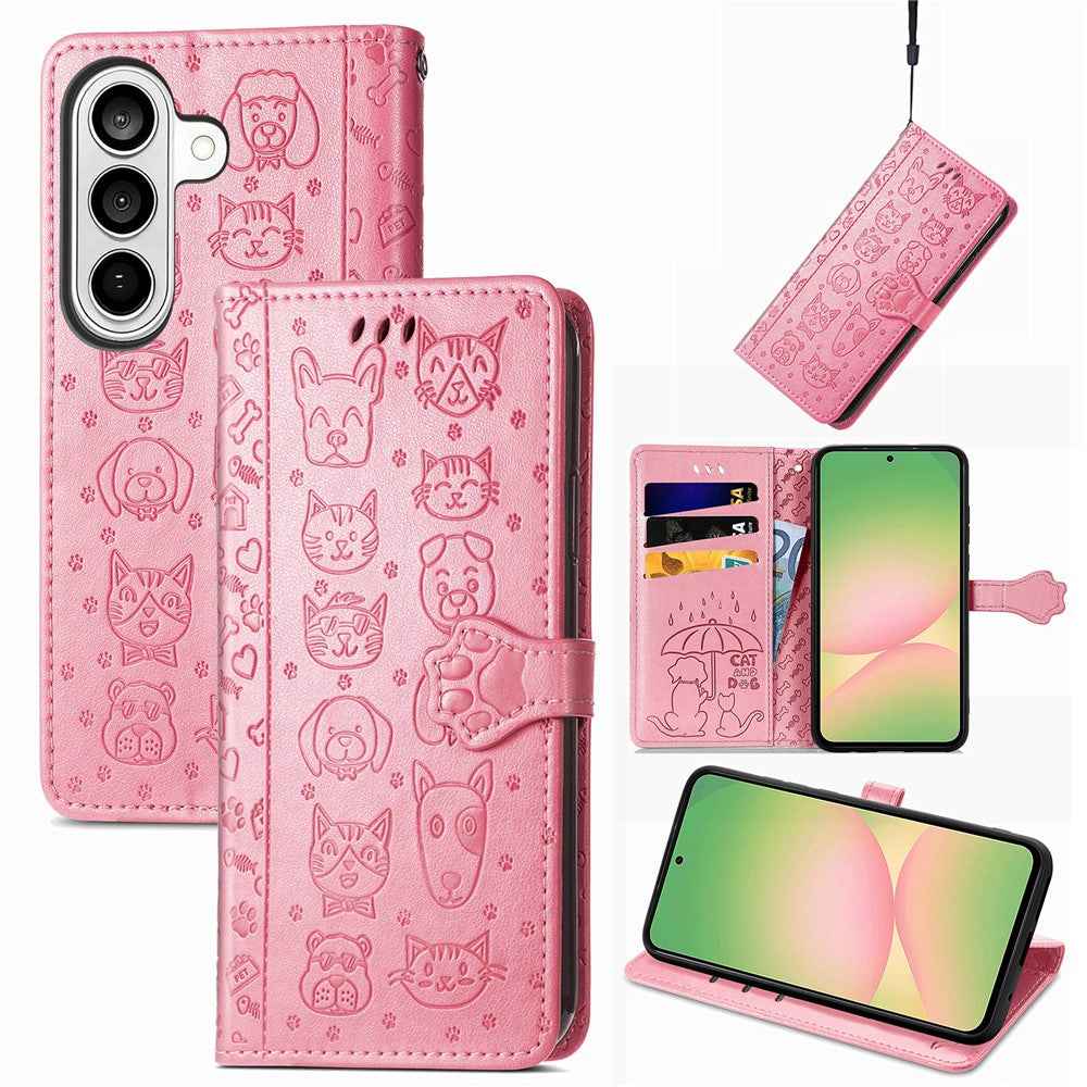 For Samsung Galaxy A57 5G Case Flip Wallet Leather Phone Cover with Cute Cat Dog Pattern - Pink