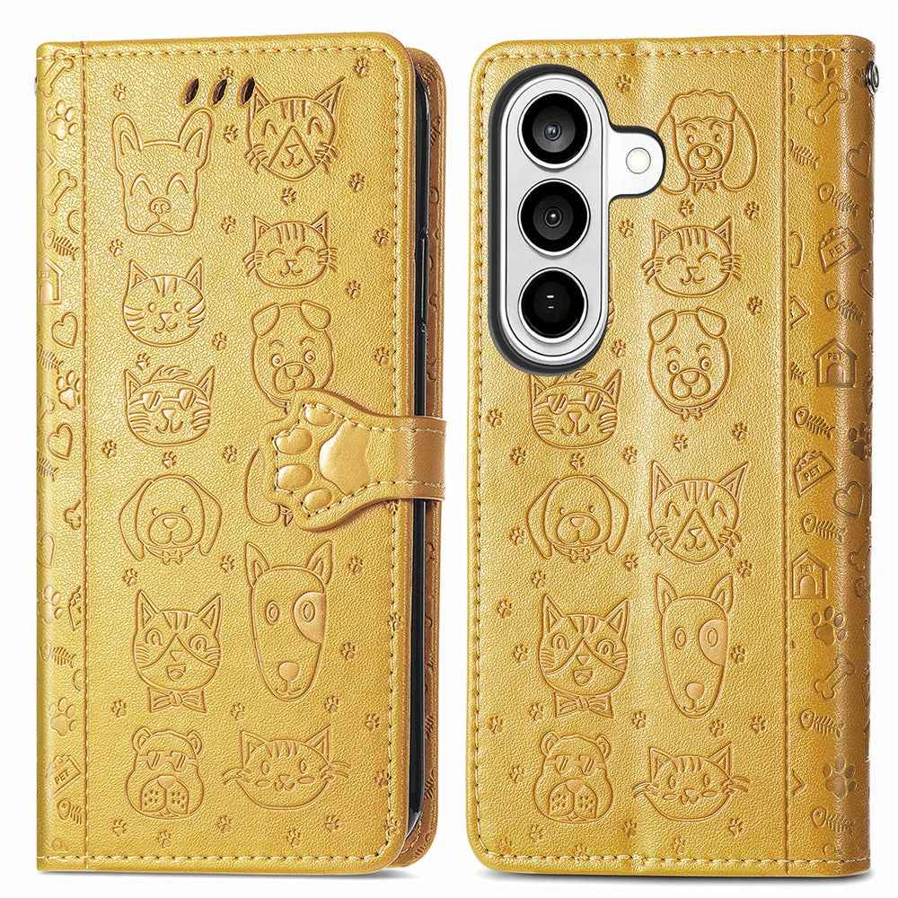 For Samsung Galaxy A57 5G Case Flip Wallet Leather Phone Cover with Cute Cat Dog Pattern - Yellow