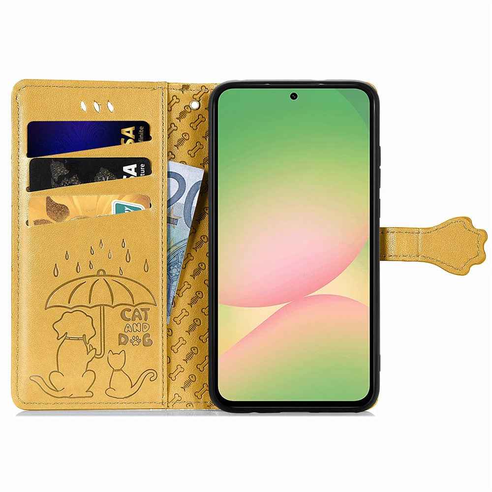 For Samsung Galaxy A57 5G Case Flip Wallet Leather Phone Cover with Cute Cat Dog Pattern - Yellow