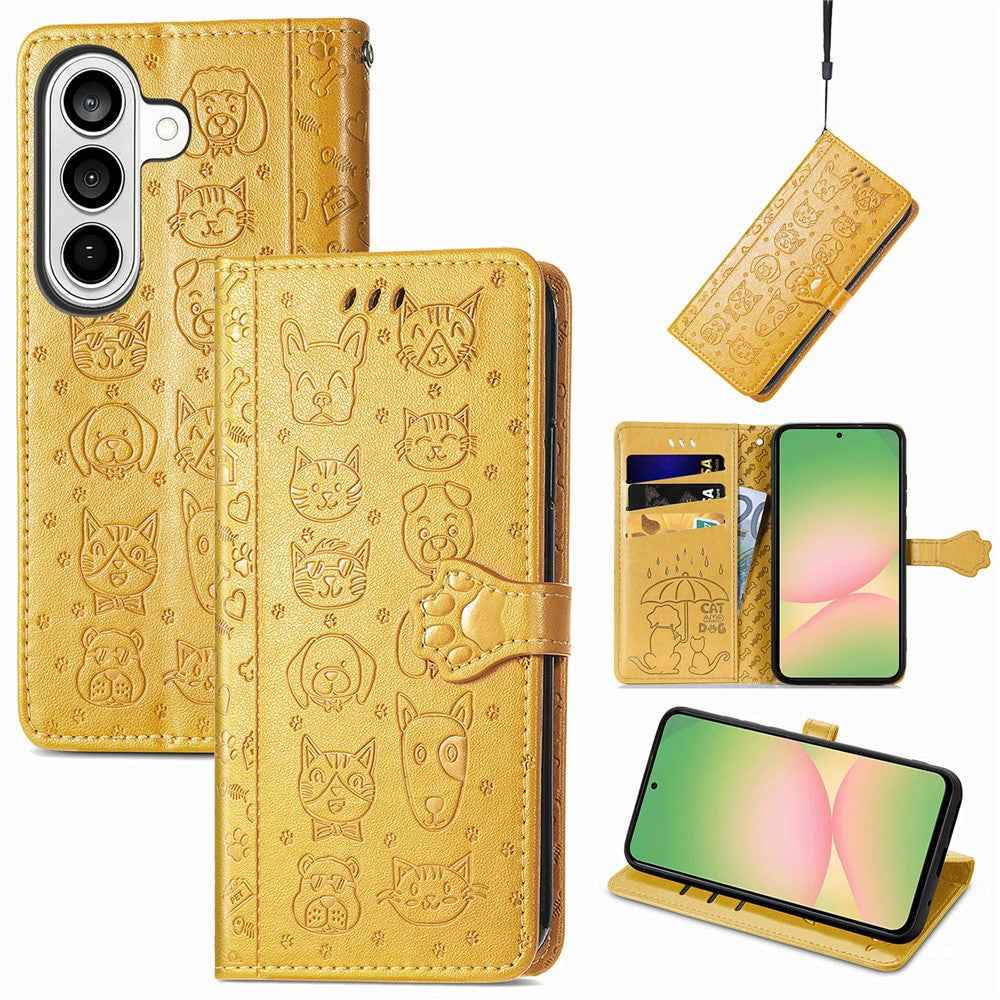 For Samsung Galaxy A57 5G Case Flip Wallet Leather Phone Cover with Cute Cat Dog Pattern - Yellow