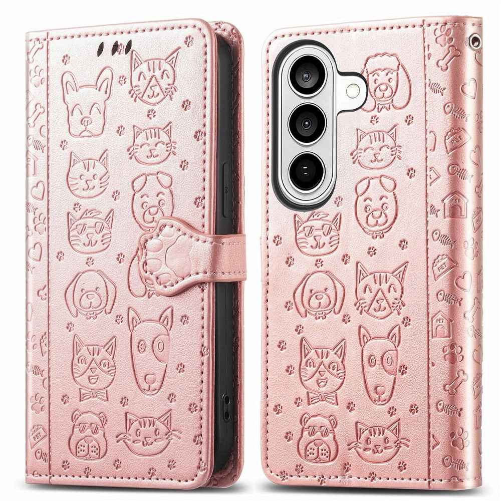 For Samsung Galaxy A57 5G Case Flip Wallet Leather Phone Cover with Cute Cat Dog Pattern - Rose Gold