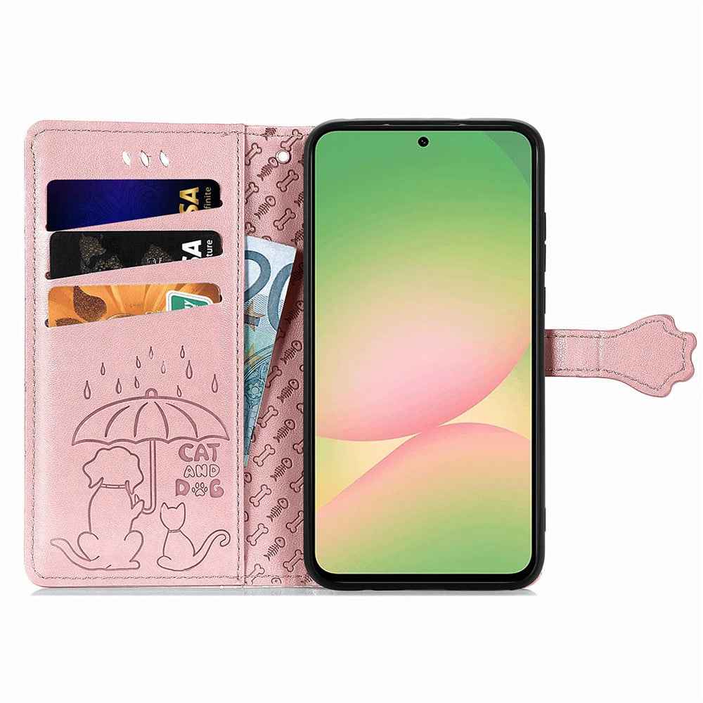 For Samsung Galaxy A57 5G Case Flip Wallet Leather Phone Cover with Cute Cat Dog Pattern - Rose Gold
