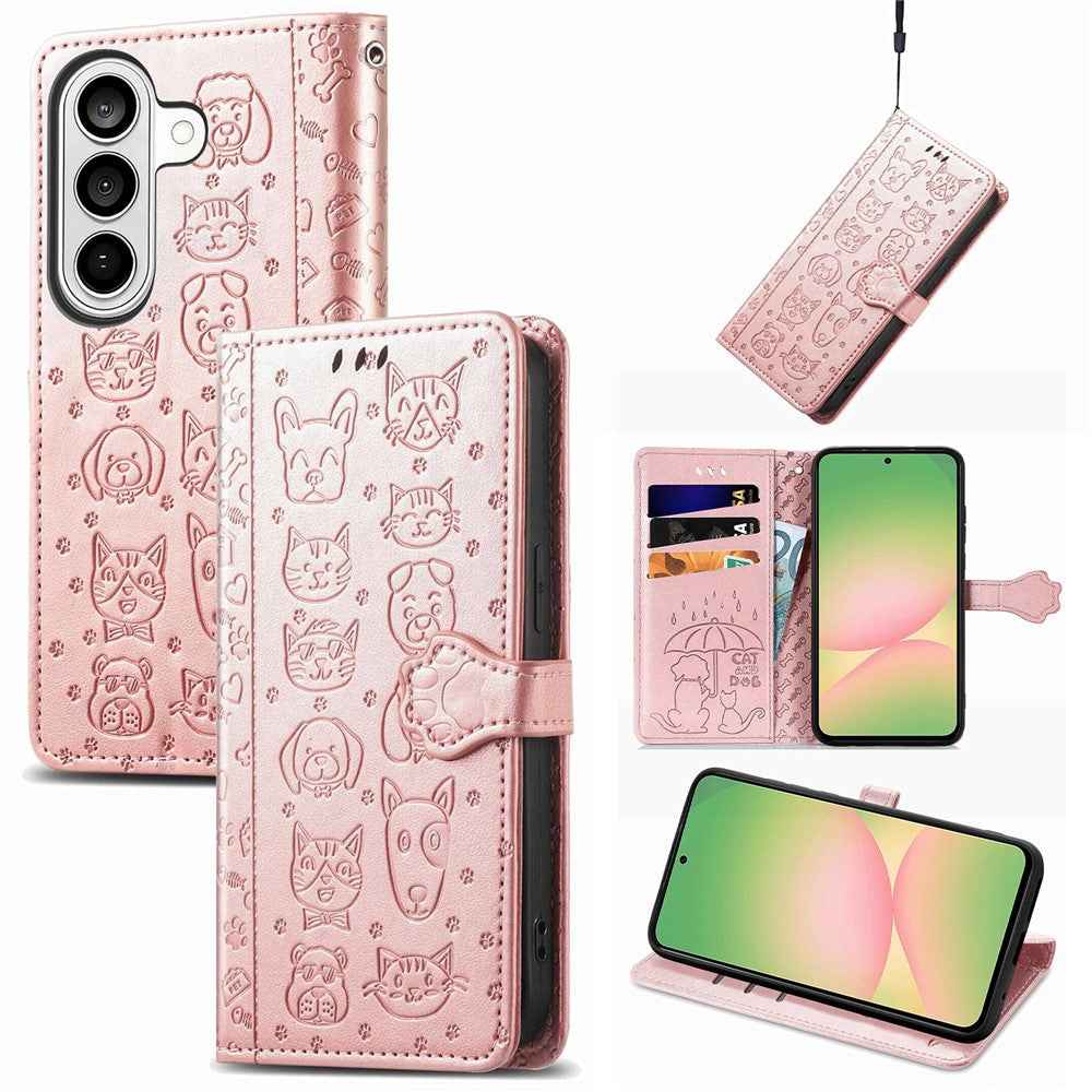 For Samsung Galaxy A57 5G Case Flip Wallet Leather Phone Cover with Cute Cat Dog Pattern - Rose Gold