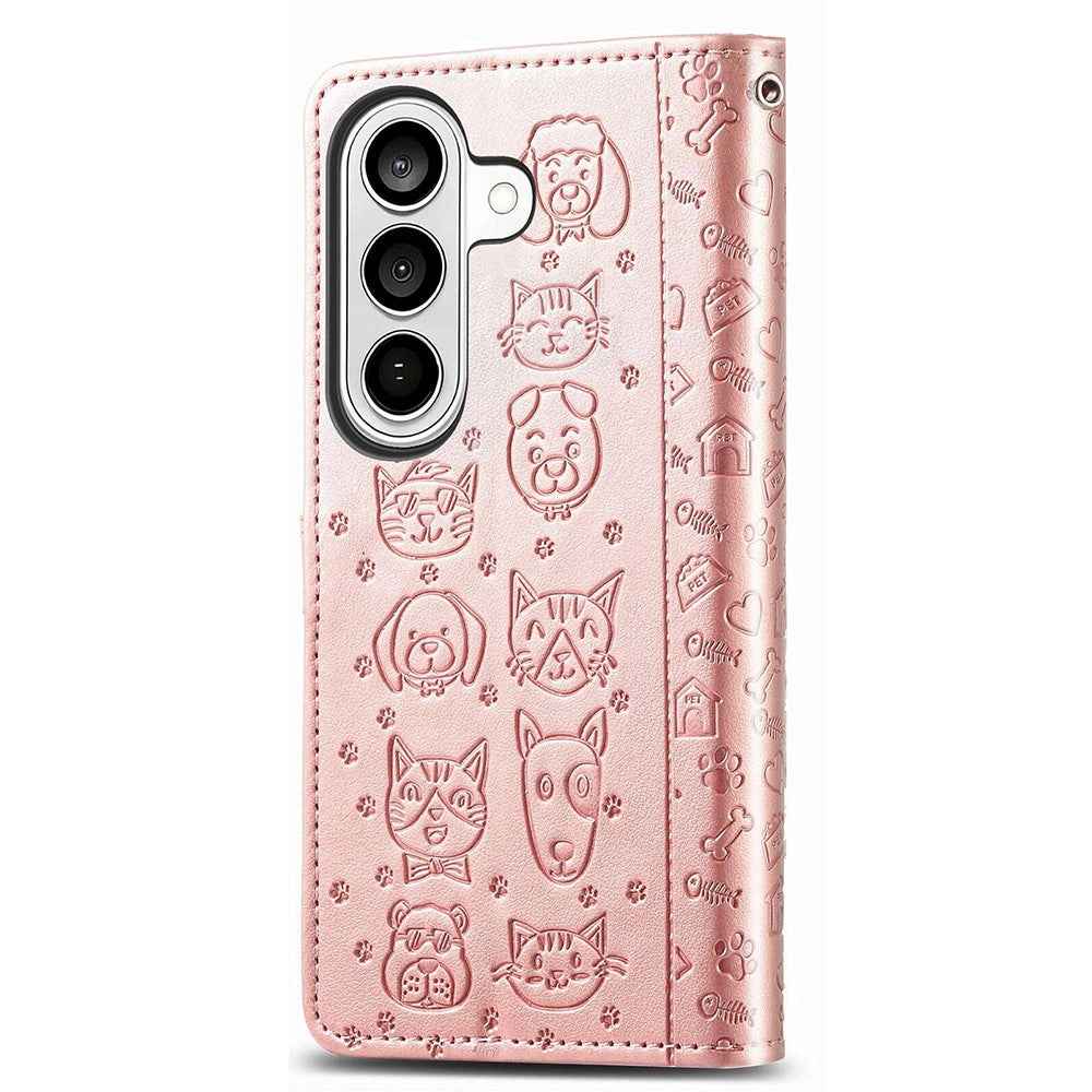 For Samsung Galaxy A57 5G Case Flip Wallet Leather Phone Cover with Cute Cat Dog Pattern - Rose Gold