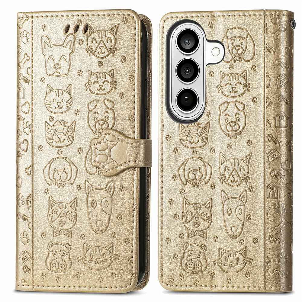 For Samsung Galaxy A57 5G Case Flip Wallet Leather Phone Cover with Cute Cat Dog Pattern - Gold