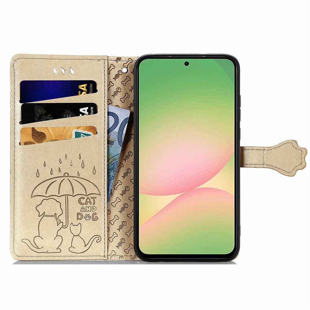 For Samsung Galaxy A57 5G Case Flip Wallet Leather Phone Cover with Cute Cat Dog Pattern - Gold