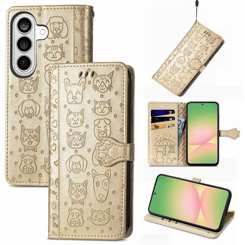 For Samsung Galaxy A57 5G Case Flip Wallet Leather Phone Cover with Cute Cat Dog Pattern - Gold