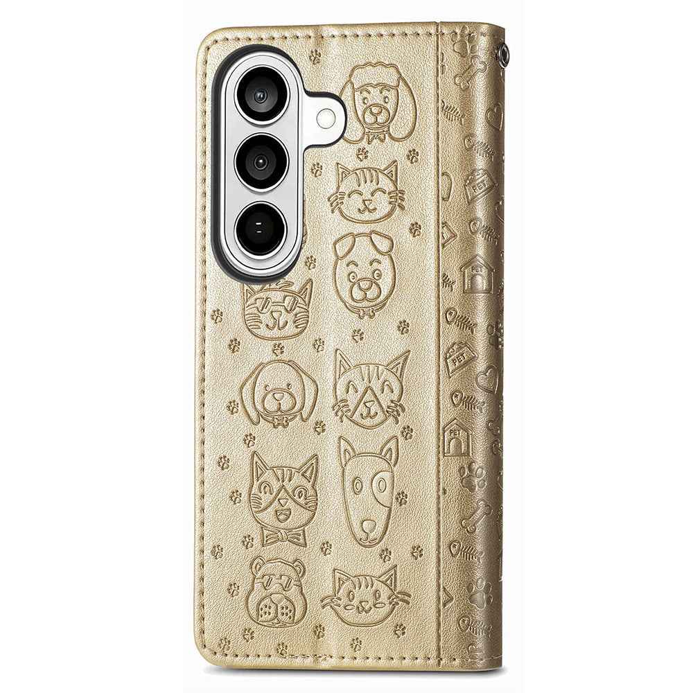 For Samsung Galaxy A57 5G Case Flip Wallet Leather Phone Cover with Cute Cat Dog Pattern - Gold