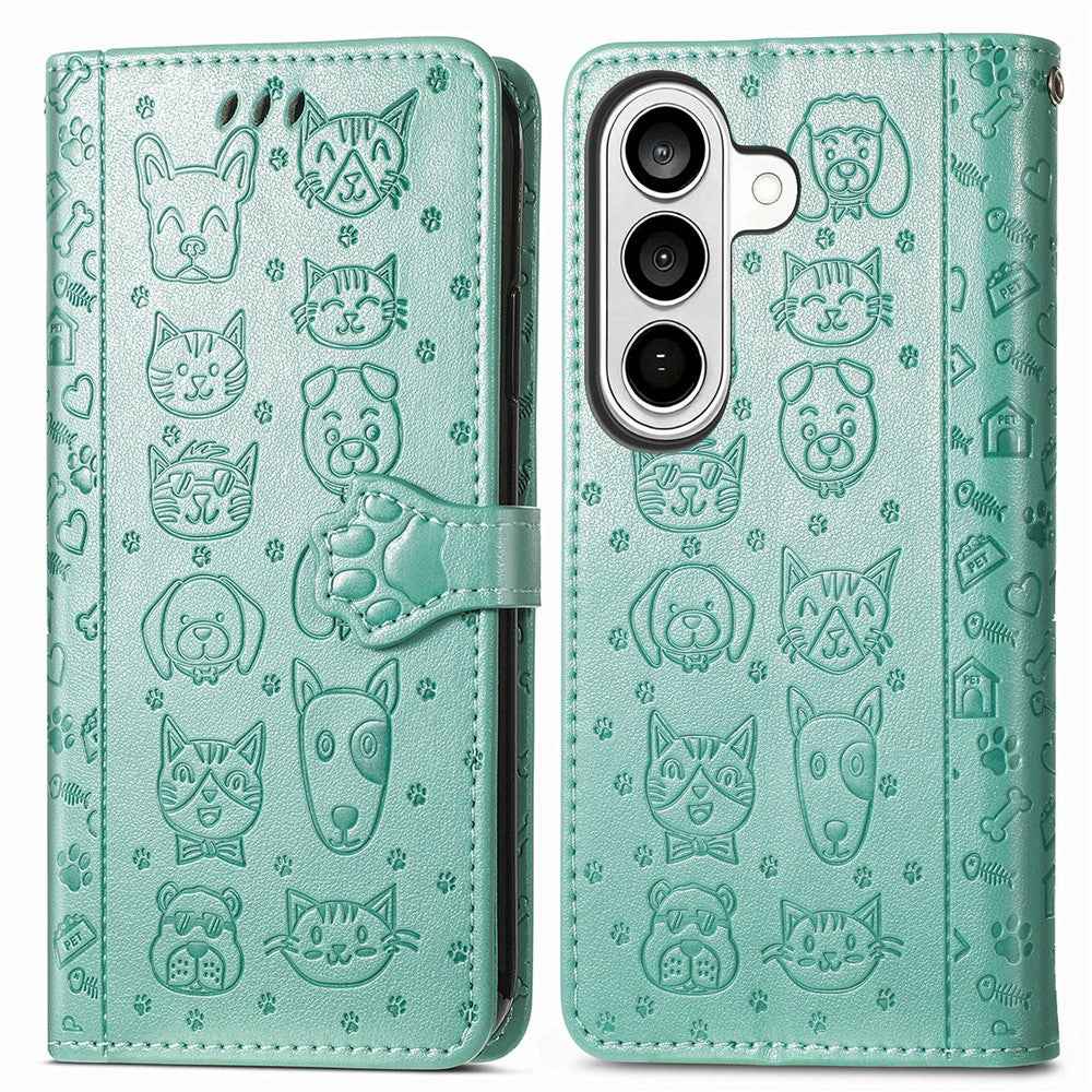 For Samsung Galaxy A57 5G Case Flip Wallet Leather Phone Cover with Cute Cat Dog Pattern - Green