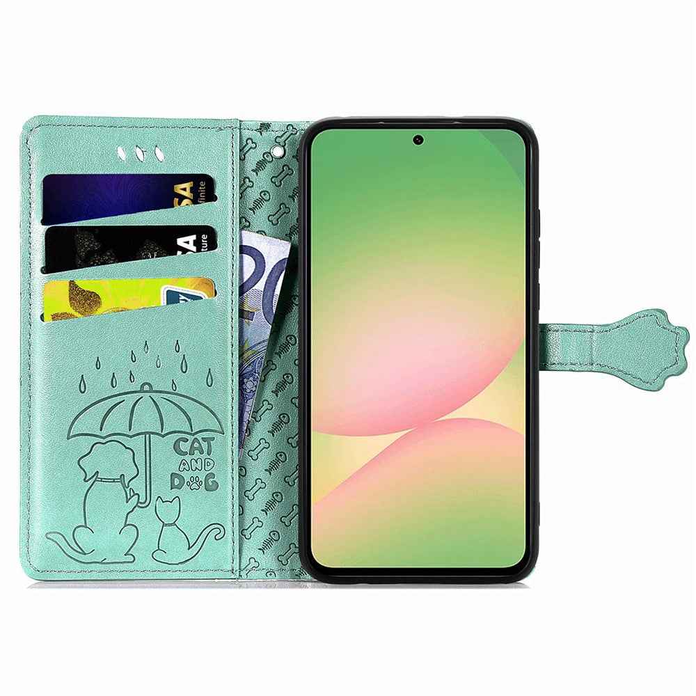 For Samsung Galaxy A57 5G Case Flip Wallet Leather Phone Cover with Cute Cat Dog Pattern - Green
