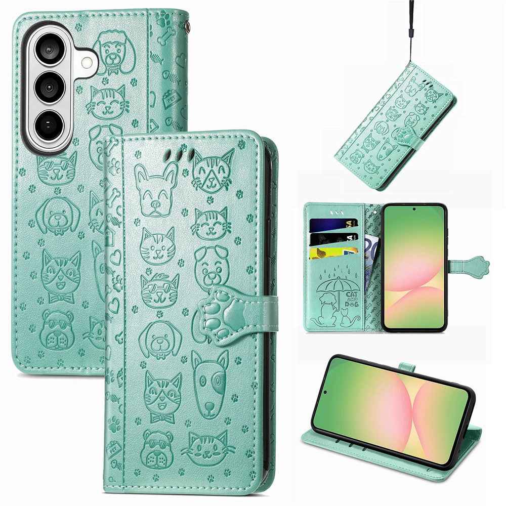 For Samsung Galaxy A57 5G Case Flip Wallet Leather Phone Cover with Cute Cat Dog Pattern - Green