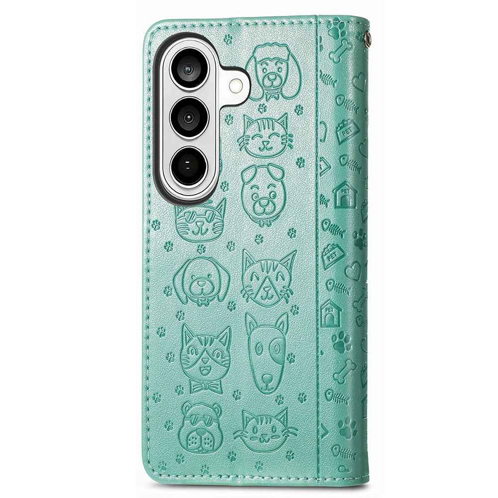 For Samsung Galaxy A57 5G Case Flip Wallet Leather Phone Cover with Cute Cat Dog Pattern - Green