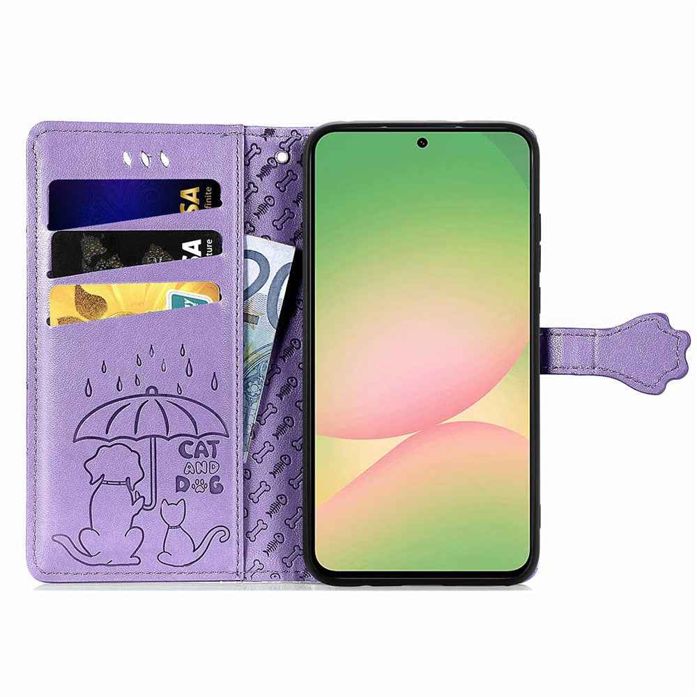 For Samsung Galaxy A57 5G Case Flip Wallet Leather Phone Cover with Cute Cat Dog Pattern - Light Purple
