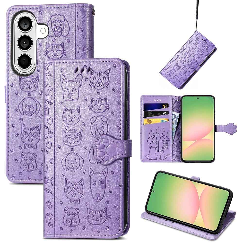 For Samsung Galaxy A57 5G Case Flip Wallet Leather Phone Cover with Cute Cat Dog Pattern - Light Purple