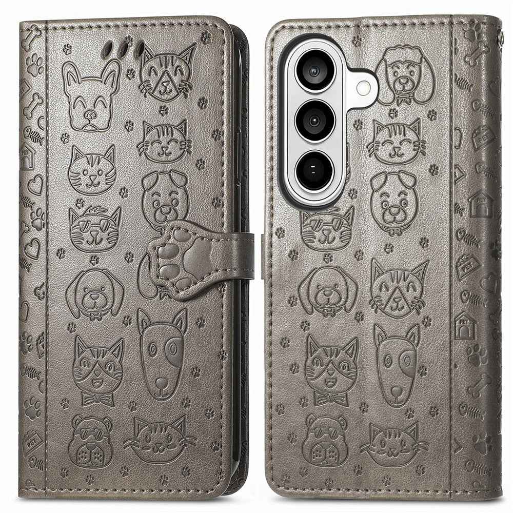 For Samsung Galaxy A57 5G Case Flip Wallet Leather Phone Cover with Cute Cat Dog Pattern - Grey