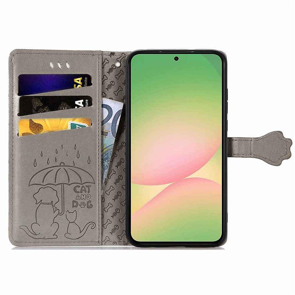 For Samsung Galaxy A57 5G Case Flip Wallet Leather Phone Cover with Cute Cat Dog Pattern - Grey