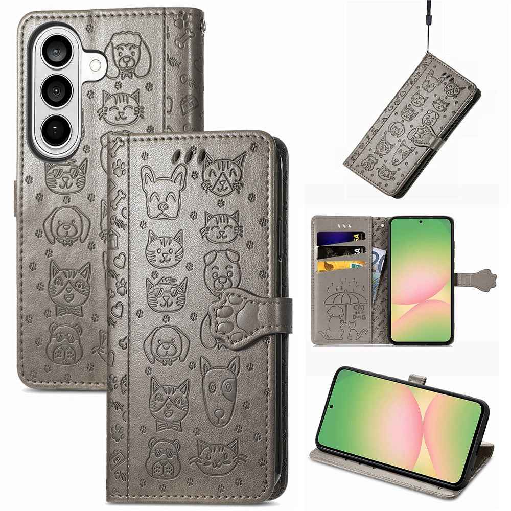 For Samsung Galaxy A57 5G Case Flip Wallet Leather Phone Cover with Cute Cat Dog Pattern - Grey